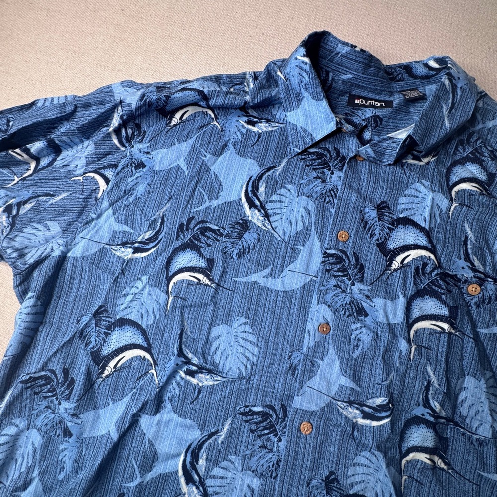 Puritan Mens 2XL Blue Marlin Tropical Fish Print Rayon Hawaiian Button Up Shirt